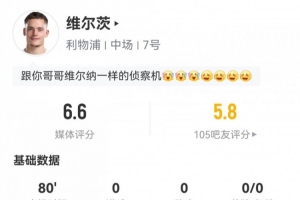 还要适应强度！维尔茨英超首秀：18次丢失球权3次关键传球评分6.6